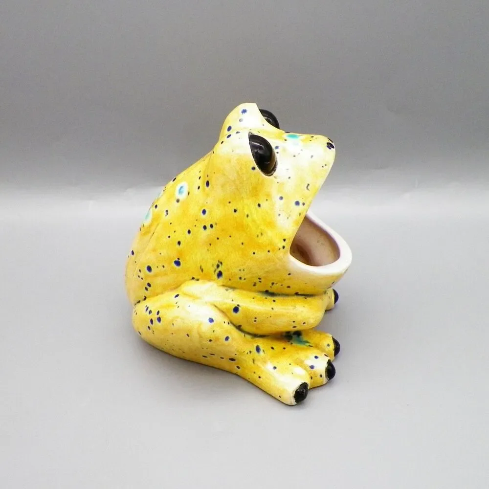 Vintage Wide Mouth Ceramic Frog Speckled Yellow Kitchen Sponge Holder Handmade